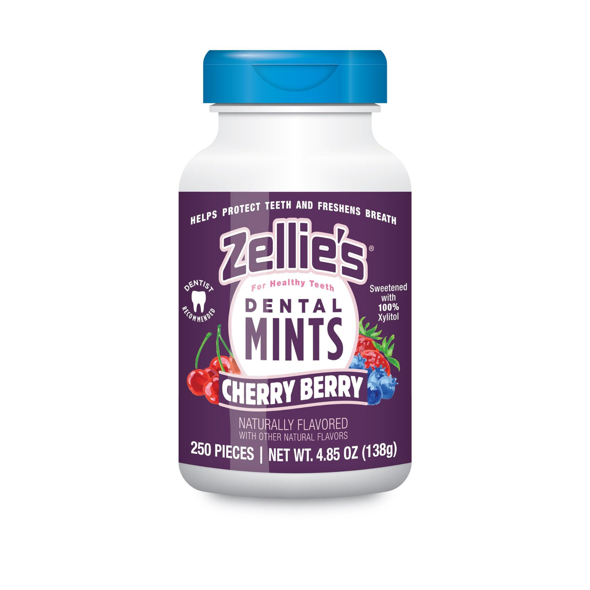 Zellie's 100% xylitol cherry berry mints pack shot for fresh breath on the go.