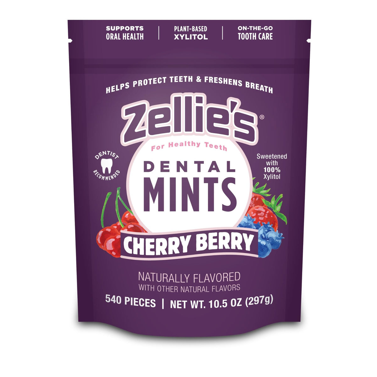Zellie's 100% xylitol cherry berry mints packaging highlights natural ingredients for fresh breath.