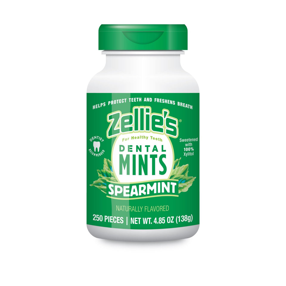 Zellie's breath mints bottle front showing fresh breath on the go.