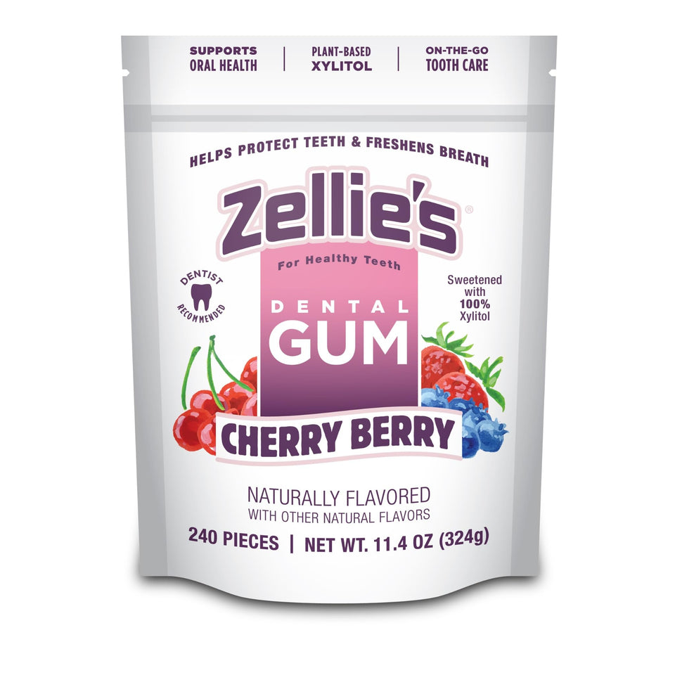 Zellie's Cherry Berry gum packaging promotes fresh breath on the go.