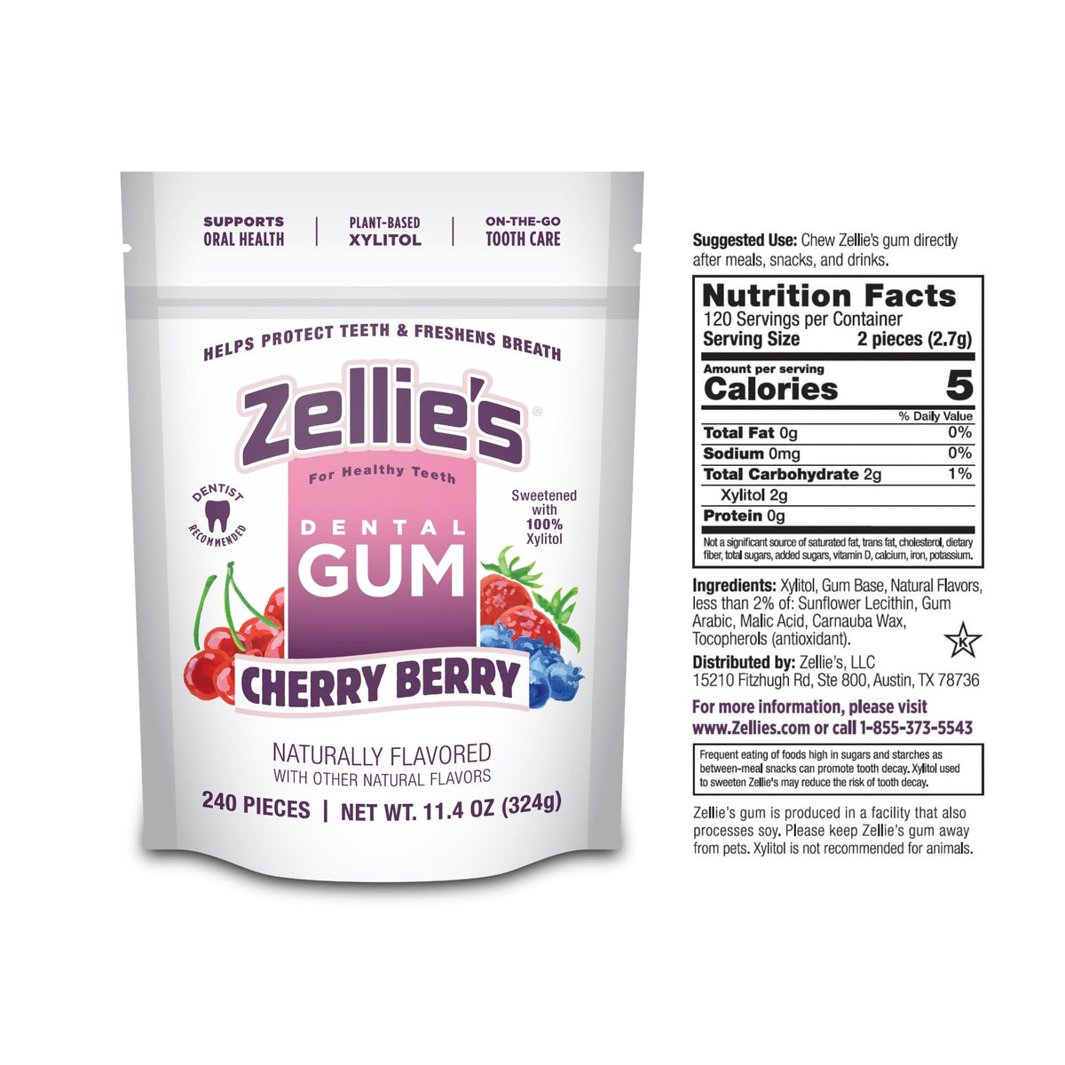 Zellie's gum tub with cherry berry flavor for convenient daily use.