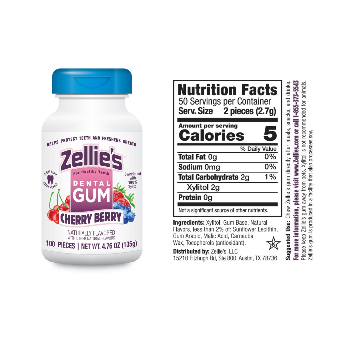 Zellie's Cherry Berry gum pack back highlighting features like xylitol