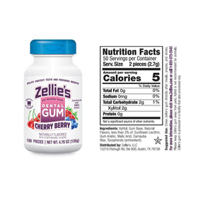Zellie's Cherry Berry gum pack back highlighting features like xylitol