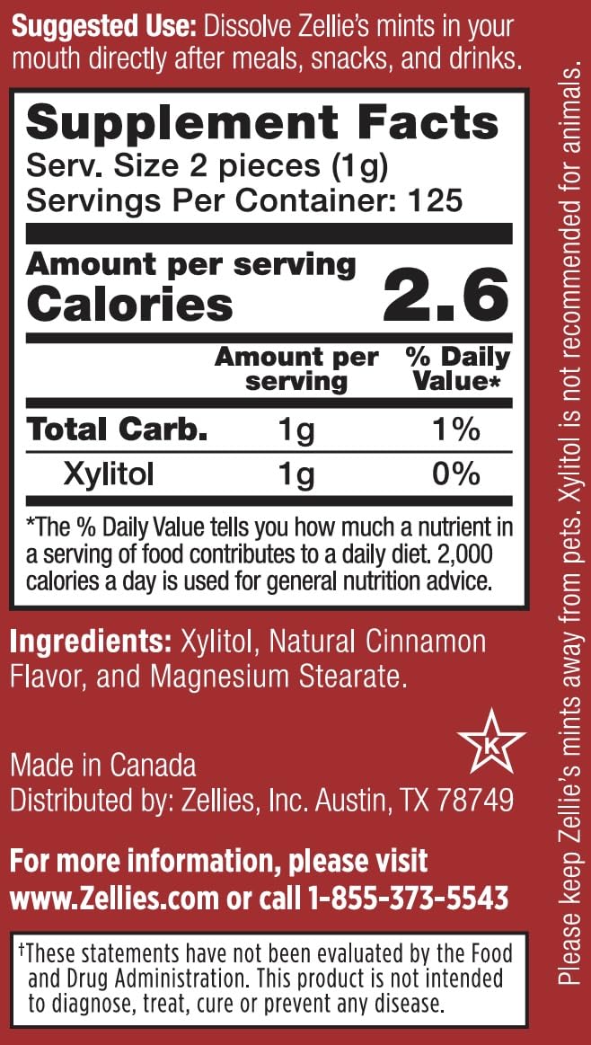 Zellie's Cinnamon Breath Mints bottle pour highlights portable freshness.