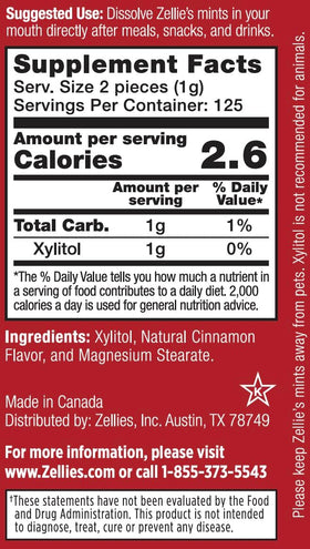 Zellie's Cinnamon Breath Mints bottle pour highlights portable freshness.