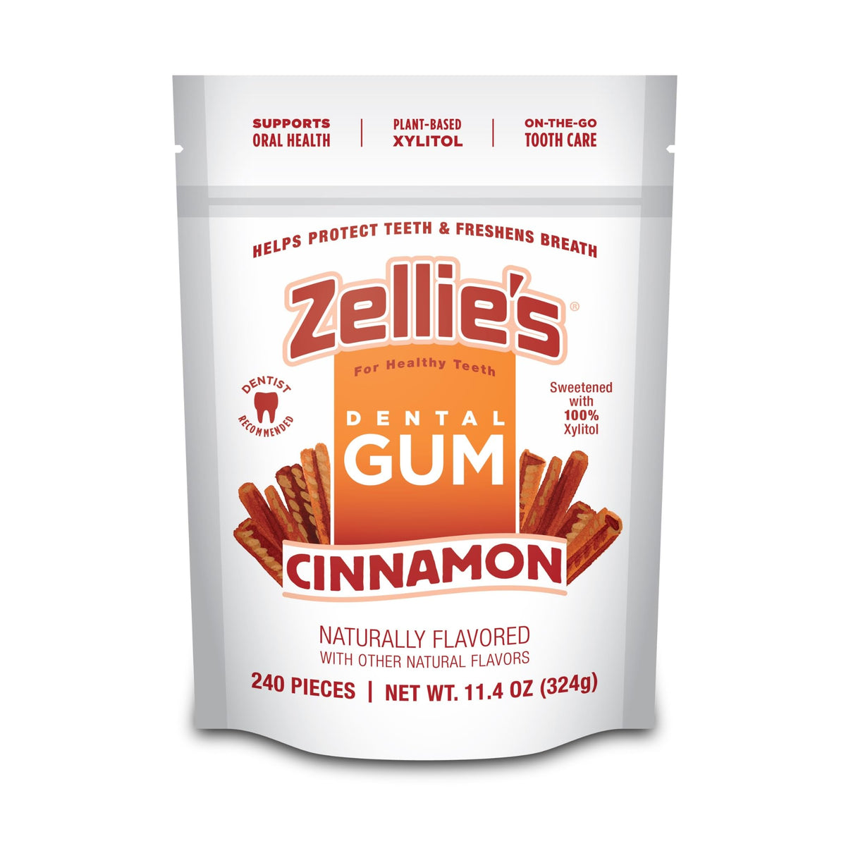 Zellie's Cinnamon Gum pack shot highlighting convenient on-the-go breath refreshment