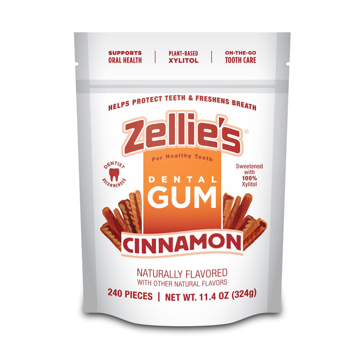 Zellie's Cinnamon Gum pack shot highlighting convenient on-the-go breath refreshment