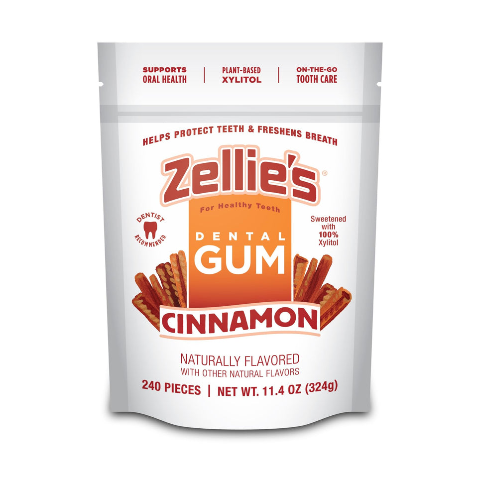 Zellie's Cinnamon Gum pack shot highlighting convenient on-the-go breath refreshment
