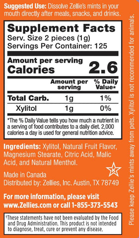 Close-up of Zellie’s Cool Fruit Mints highlighting xylitol and refreshing flavor