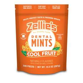 Zellie's Cool Fruit Mints pack with refreshing, xylitol-based oral care.