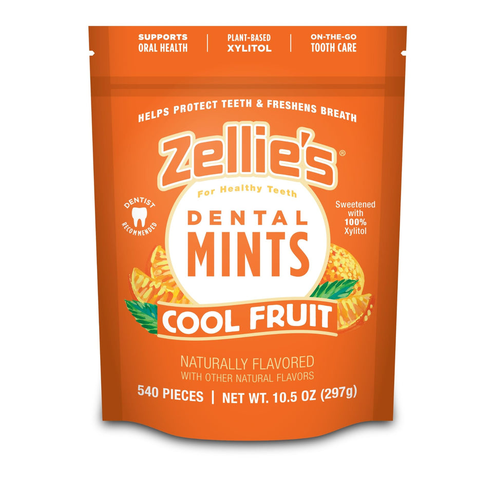 Zellie's Cool Fruit Mints pack with refreshing, xylitol-based oral care.