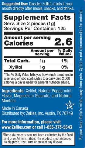 Zellie's Cool Mint Mints back panel highlights no aspartame for a clean, refreshing taste