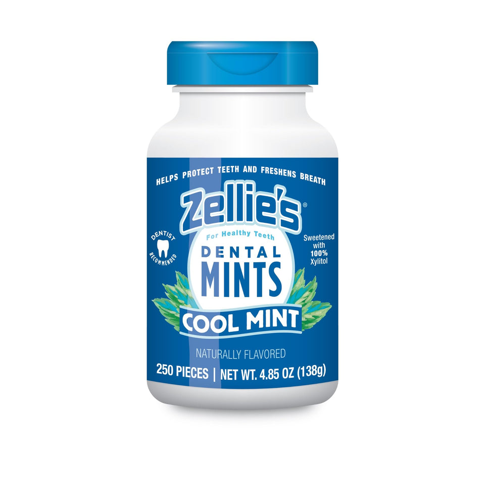 Zellie's Cool Mint Mints pack front shows portable breath refreshment for daily use