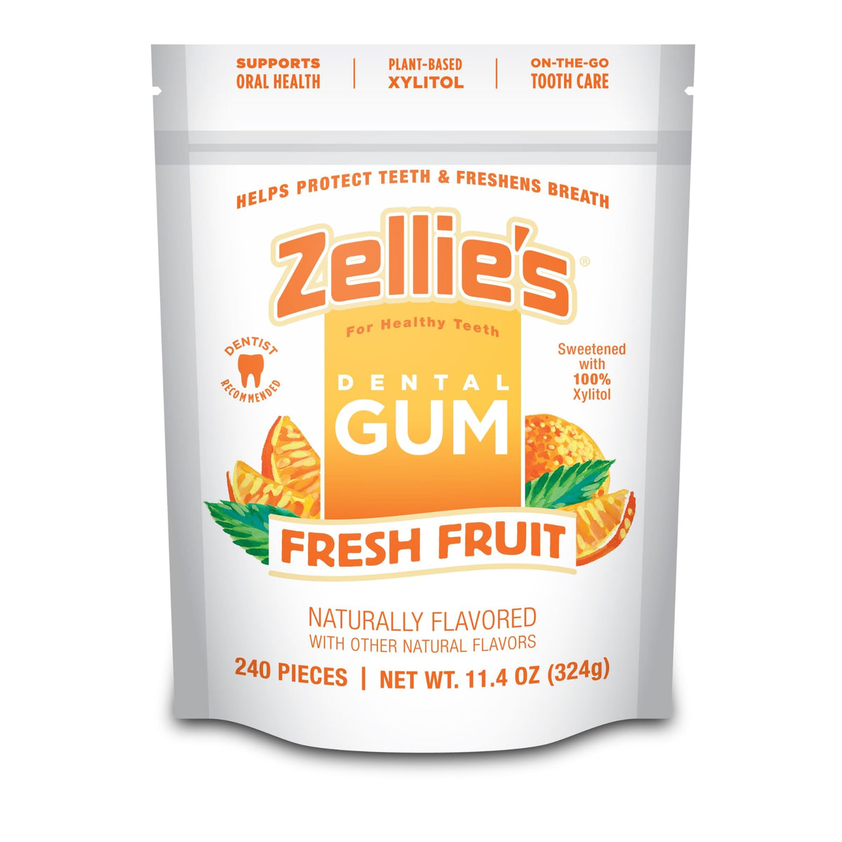 Zellie's fresh-fruit chewing gum pack with 240-count box offers long-term use.