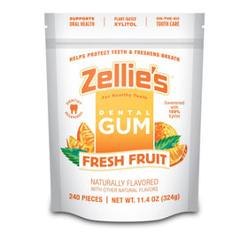 Zellie's fresh-fruit chewing gum pack with 240-count box offers long-term use.