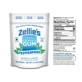 Zellie's peppermint gum pack back shows ingredients and dietary features for mindful chewing