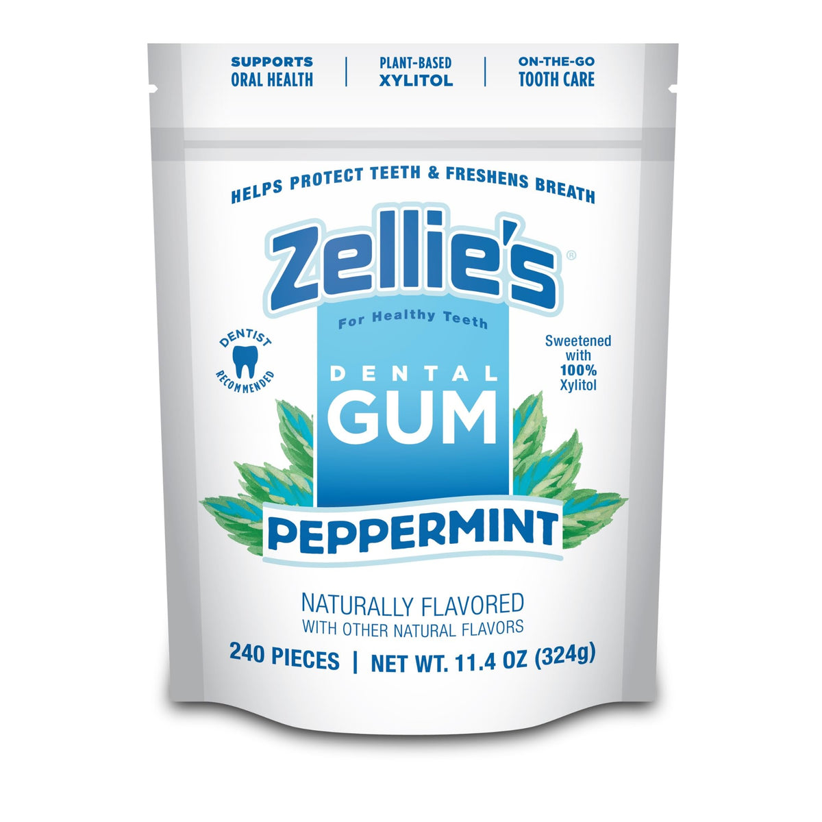 Zellie's peppermint gum pack front highlights a 240-count supply for on-the-go oral care