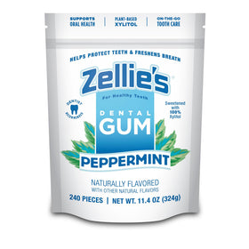 Zellie's peppermint gum pack front highlights a 240-count supply for on-the-go oral care