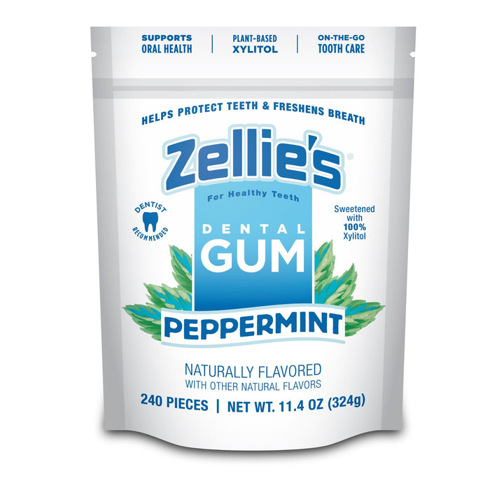 Zellie's peppermint gum pack front highlights a 240-count supply for on-the-go oral care
