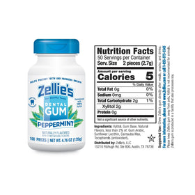 Zellie's peppermint gum close-up showing a gum piece with xylitol.