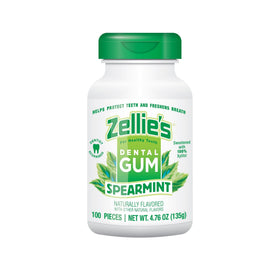 Zellie's spearmint gum pack shows a convenient 100-count box for on-the-go oral care