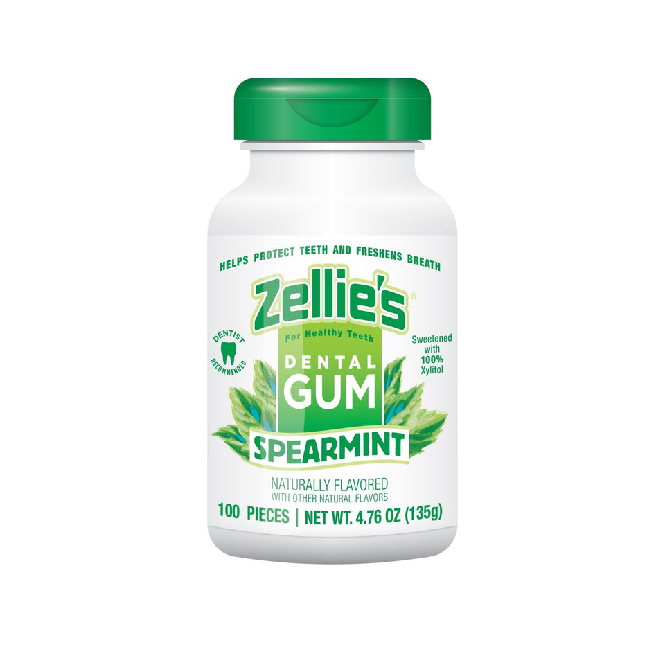 Zellie's spearmint gum pack shows a convenient 100-count box for on-the-go oral care