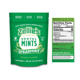 Zellie's spearmint mints pack back shows ingredients and dietary notes.