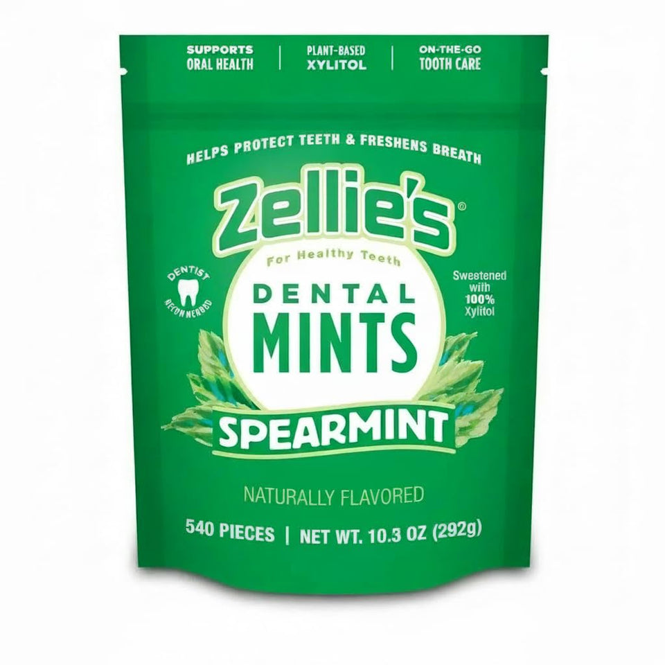 Zellie's spearmint mints pack front for on-the-go freshness.