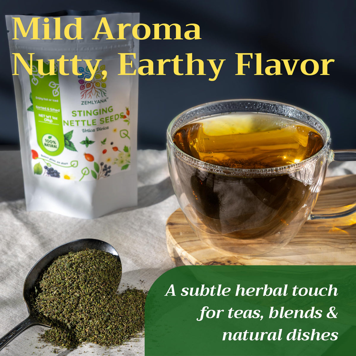 Zemlyana nettle seeds in tea setup for soothing herbal infusion