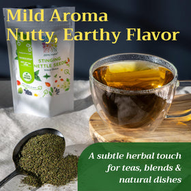 Zemlyana nettle seeds in tea setup for soothing herbal infusion