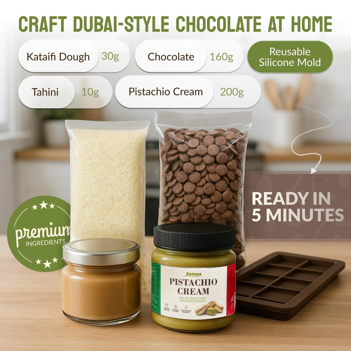 ZEMUS Dubai Chocolate Bar Kit shredded kataifi texture for a crunchy bite