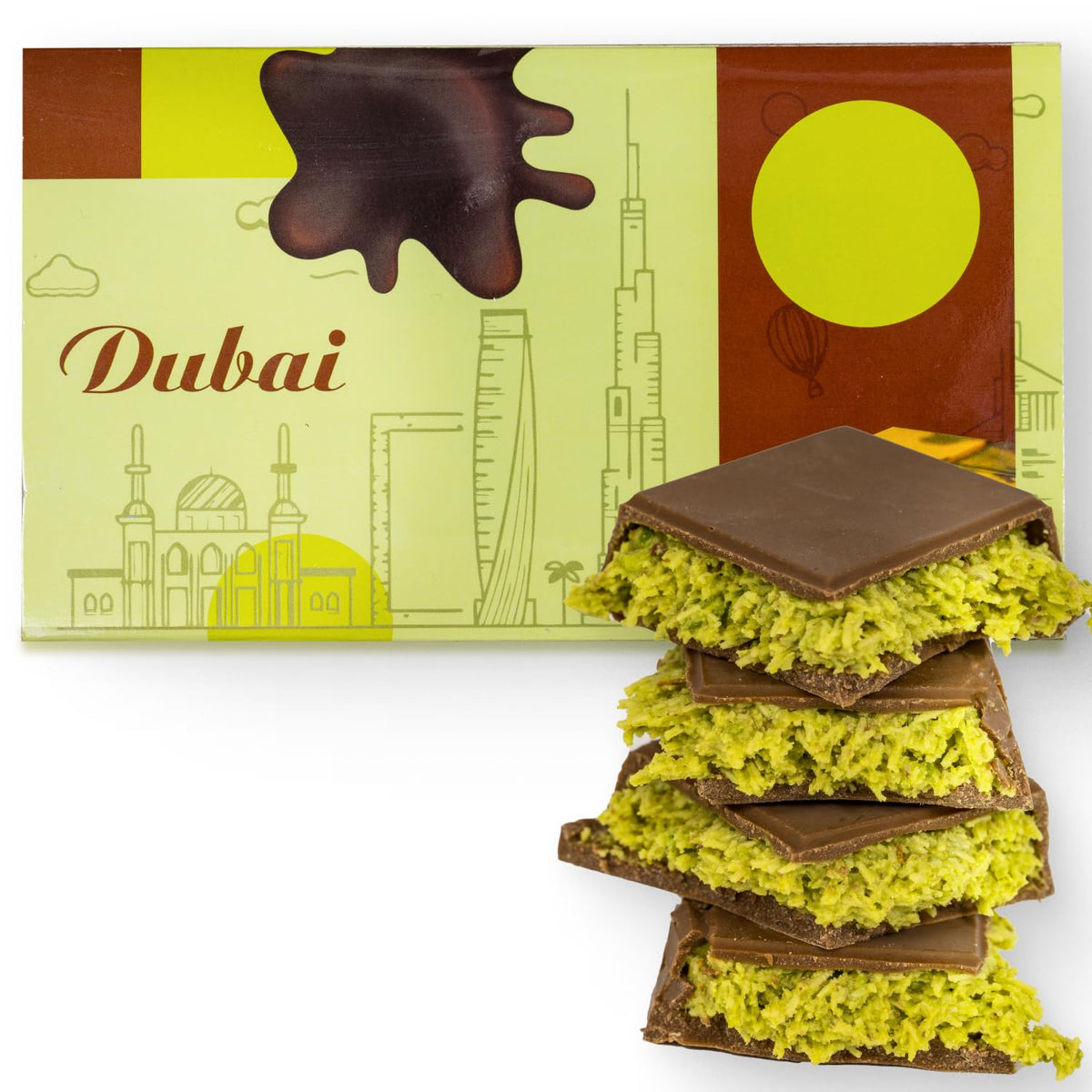 ZEMUS Dubai Pistachio Chocolate Bar packaging highlighting kunafa crisp, a luxurious dessert gift.