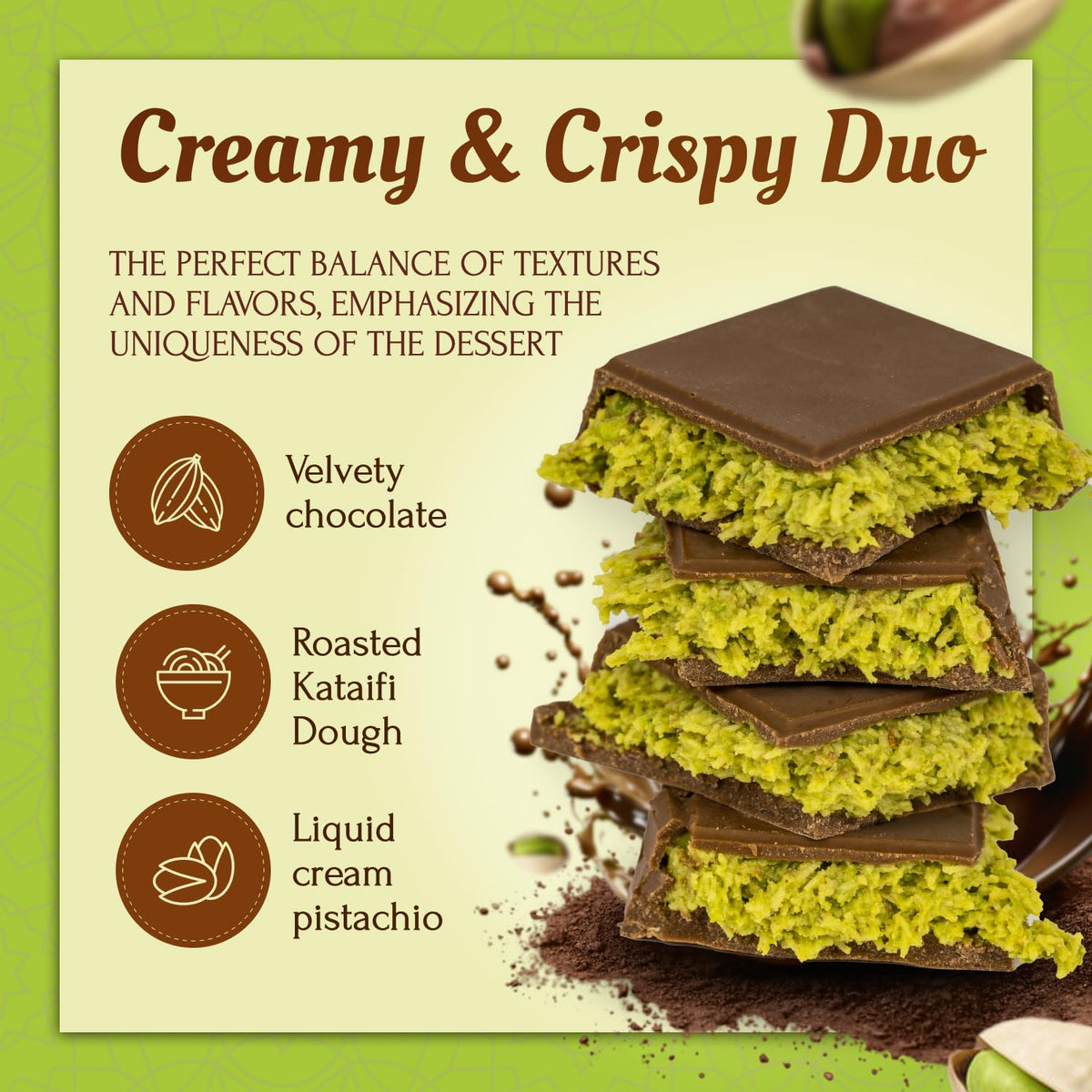 ZEMUS Dubai Pistachio Chocolate Bar sliced kataifi close-up showing crispy texture.