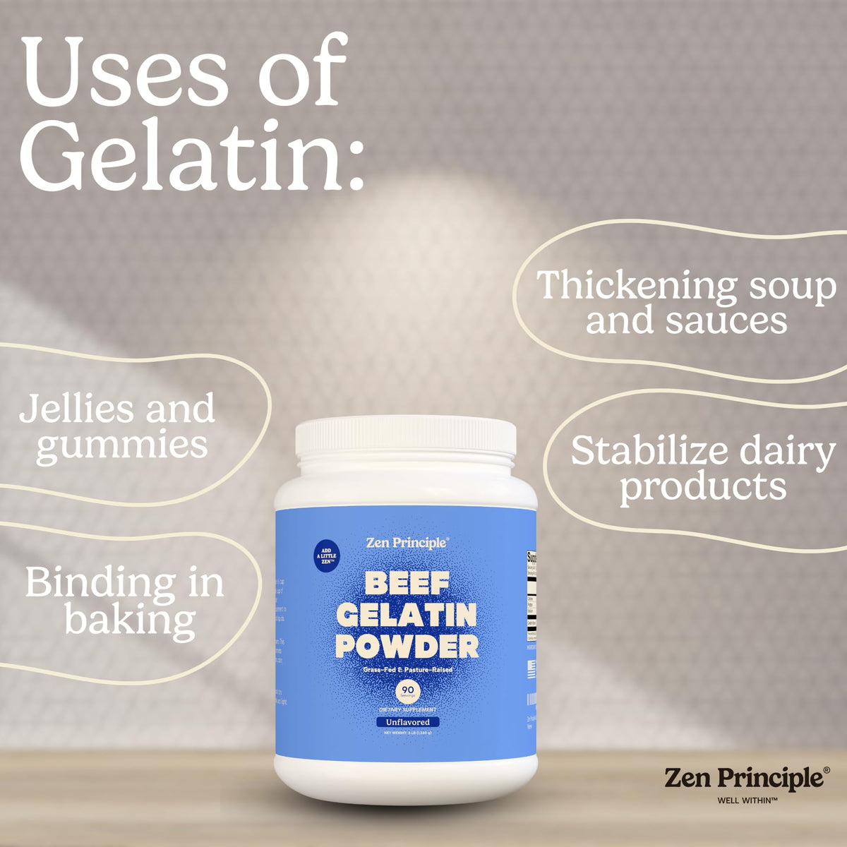 Zen Principle gelatin powder in coffee demonstrates versatile thickening for beverages.