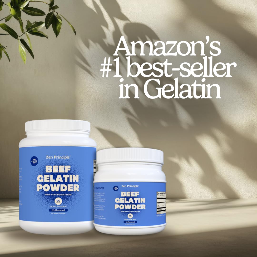 Zen Principle gelatin powder measuring scoop demonstrates convenient 13 g protein per serving.