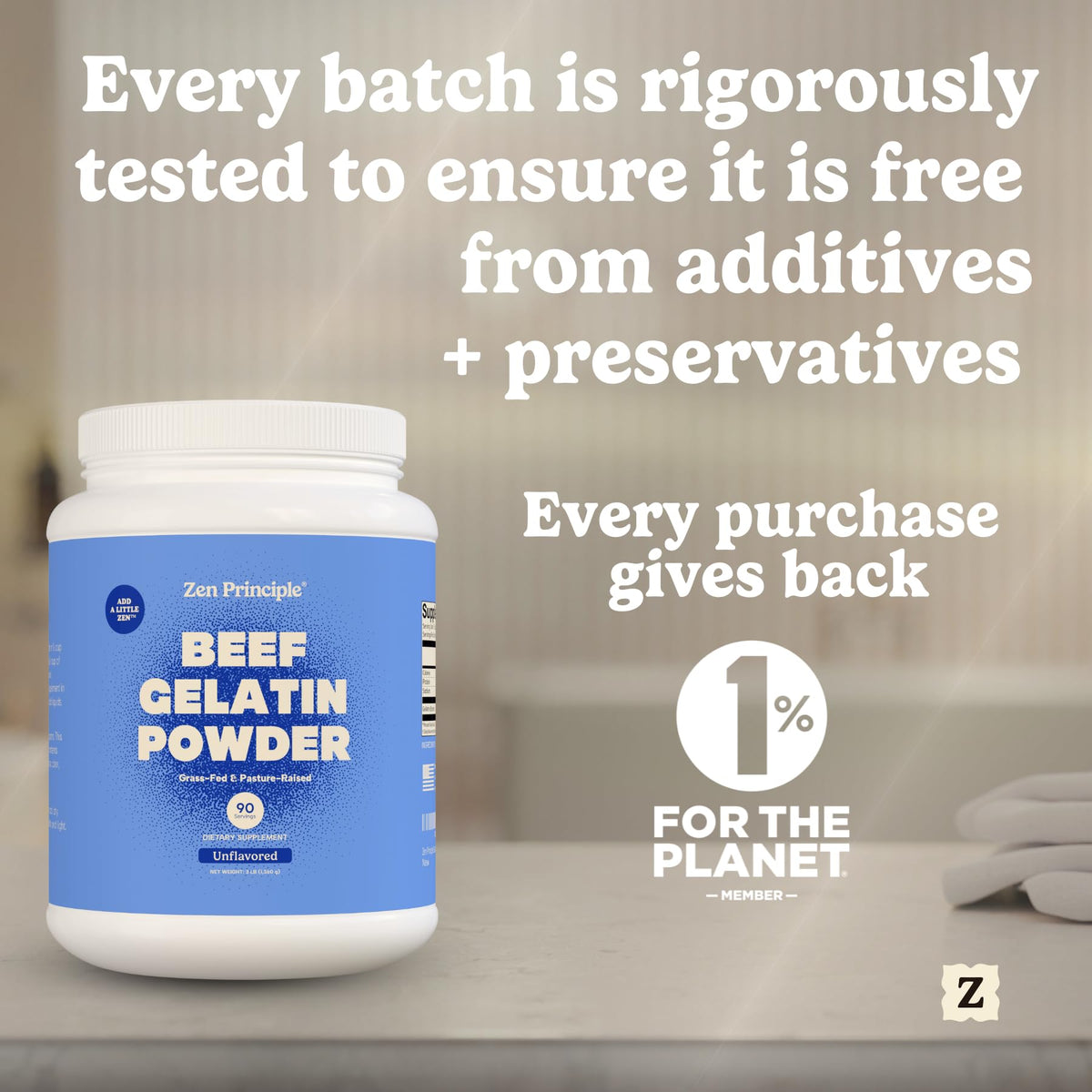 Zen Principle gelatin powder in smoothie showcases high-protein support with low calories.