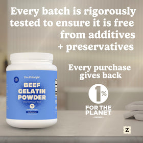 Zen Principle gelatin powder in smoothie showcases high-protein support with low calories.