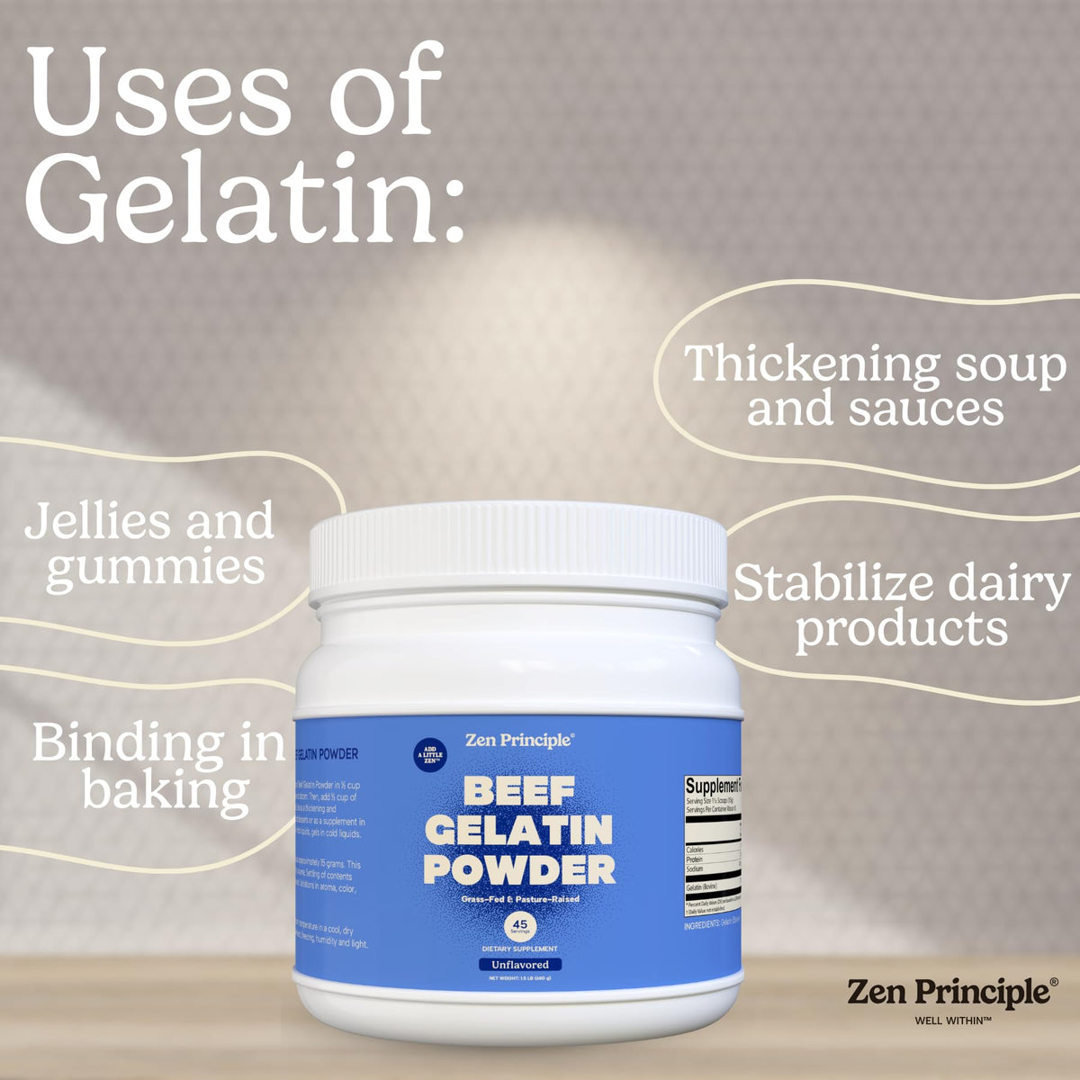 Zen Principle unflavored gelatin blends seamlessly into recipes