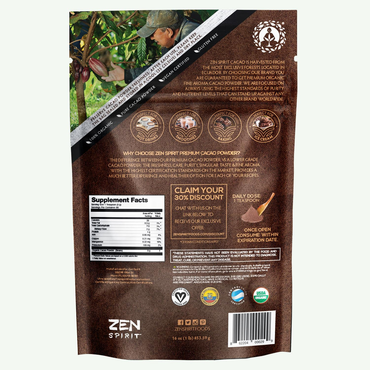 Zen Spirit cacao powder dissolves smoothly in beverages and baking.