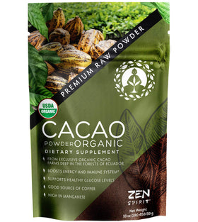 Zen Spirit cacao powder Organic 1lb packaging for easy pantry storage.