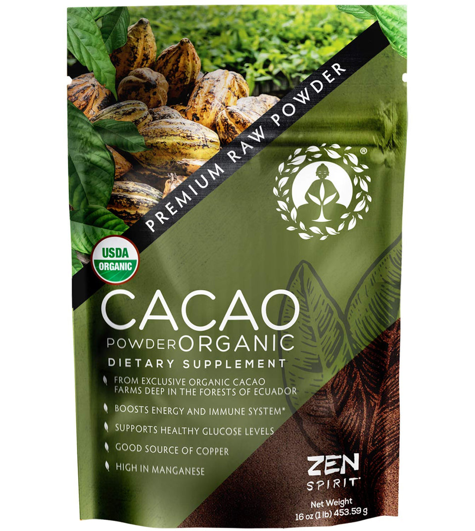 Zen Spirit cacao powder Organic 1lb packaging for easy pantry storage.
