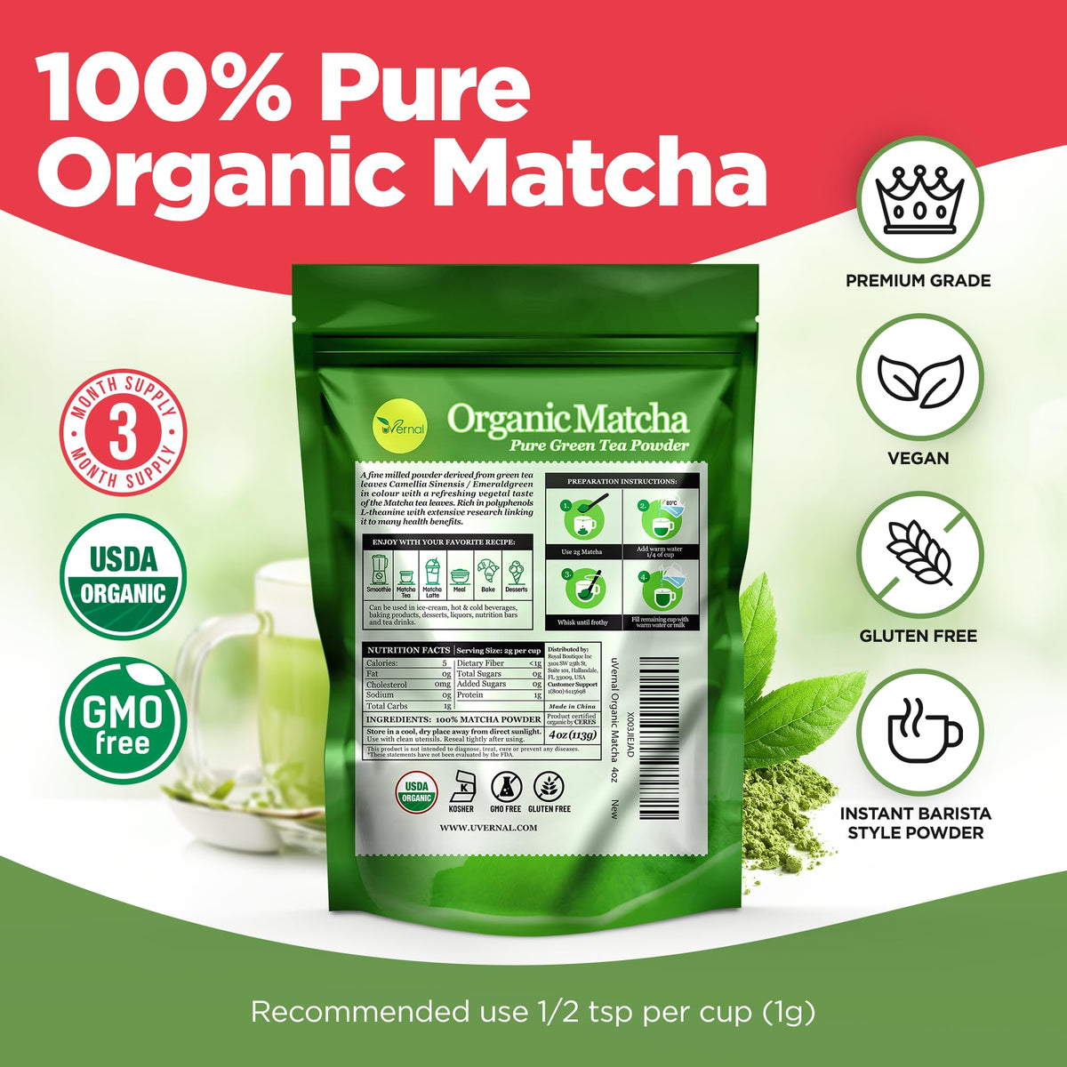 Zen Tea Leaf matcha latte cup showcasing vibrant green color and smooth energy boost.