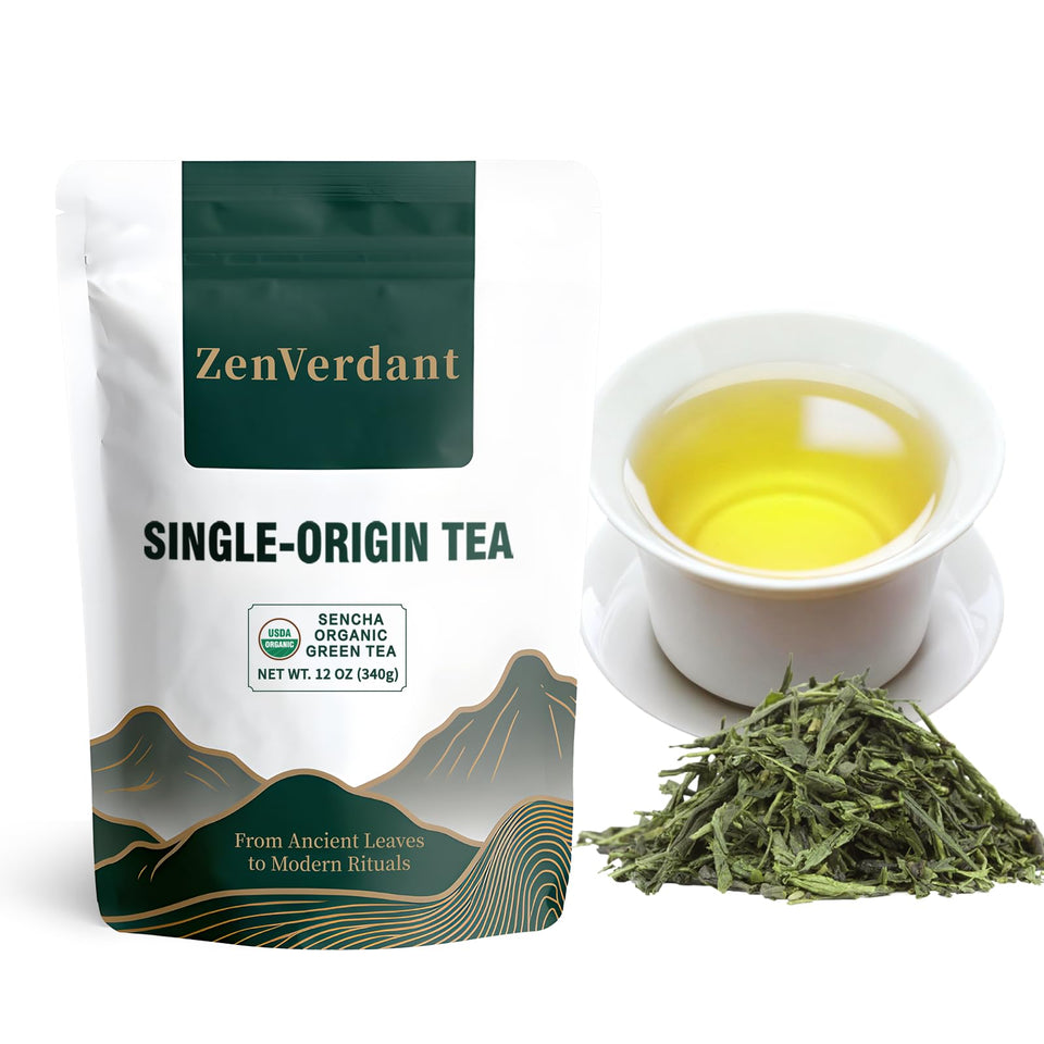 ZenVerdant Sencha loose leaf tea close-up; vibrant leaves for daily calm and steady focus.