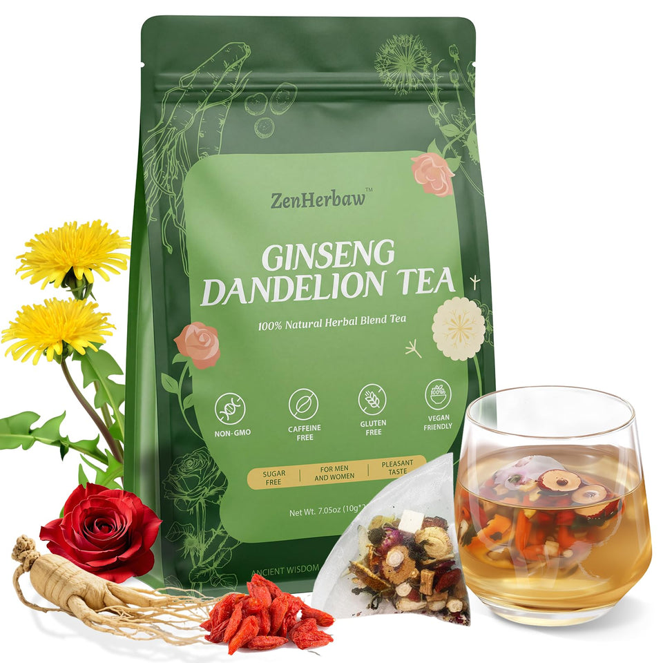 ZenHerbaw ginseng goji dandelion tea shows visible herbs in the cup for a vivid ritual