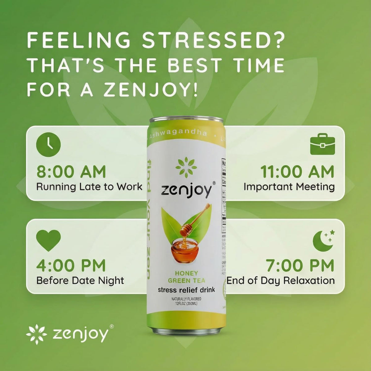 Zenjoy Stress Relief Drink 12-pack on shelf emphasizes convenient daily ritual.
