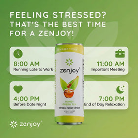 Zenjoy Stress Relief Drink 12-pack on shelf emphasizes convenient daily ritual.