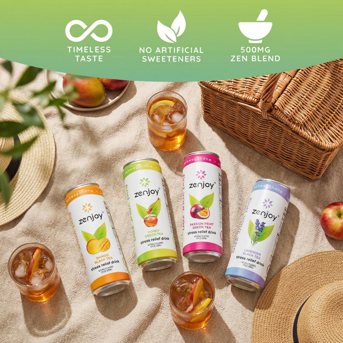 Zenjoy Stress Relief Drink glass with ice suggests refreshing, everyday use.