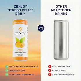 Zenjoy Stress Relief Drink label highlights Ashwagandha and Lemon Balm for balance.