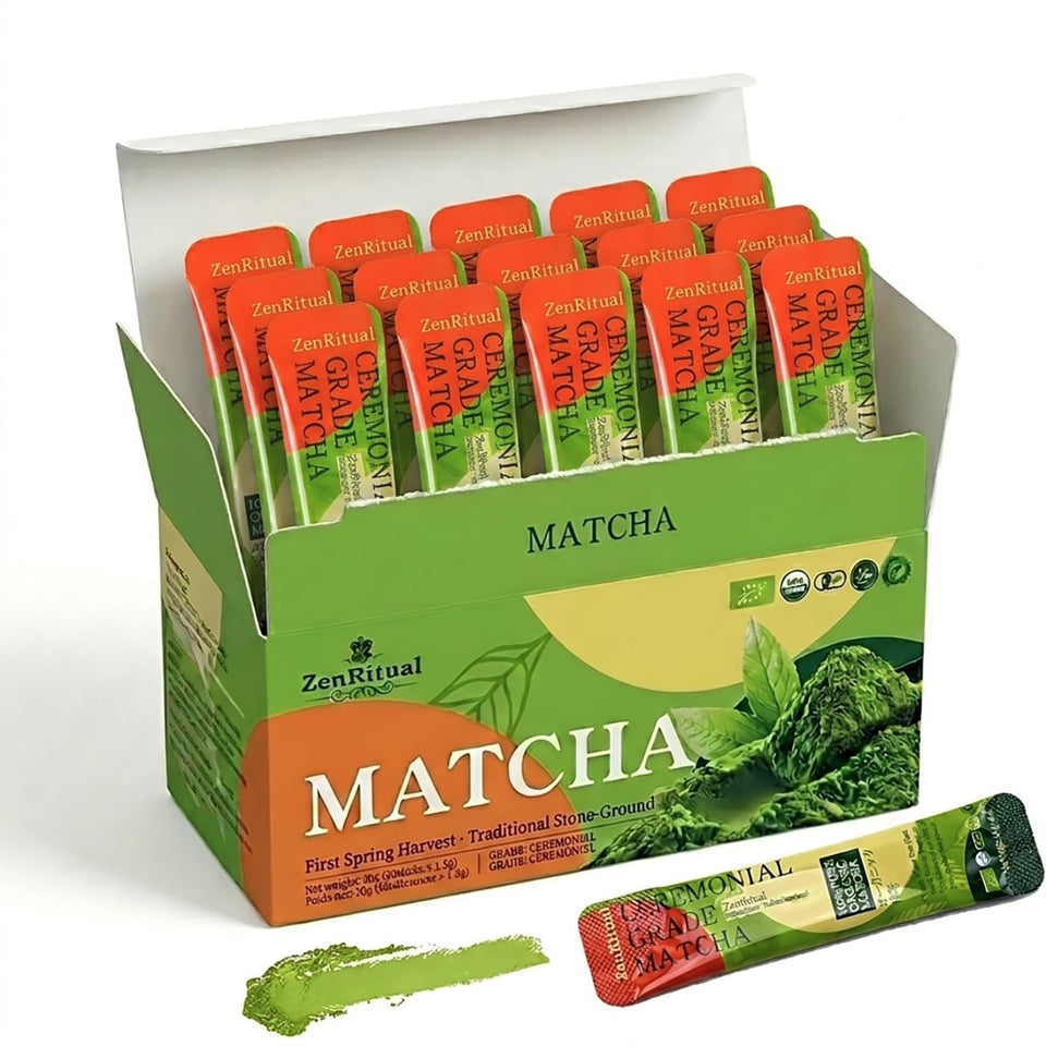 ZenRitual matcha sticks packaging close-up highlighting convenient single-serve design