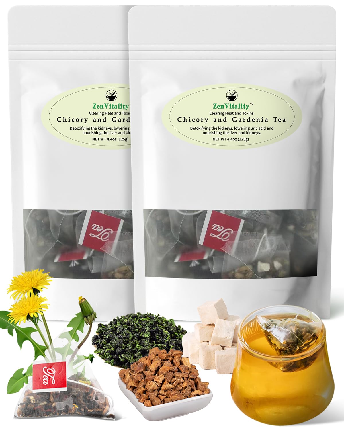 ZenVitality Chicory Gardenia Tea cup brew, warm caffeine-free relaxation.